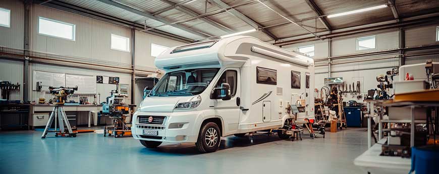 Camper bei der technischen Kontrolle in der Werkstatt